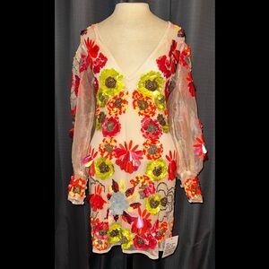 ASOS LUXE Sheer & Lined Multi Floral 3D Neon Flowers Embellished Dress 4 NWT